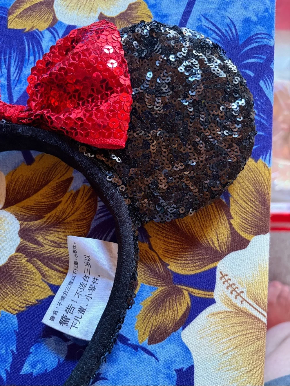 Disney Parks Minnie Mouse Black Sequin Ears Headband with Red Bow
